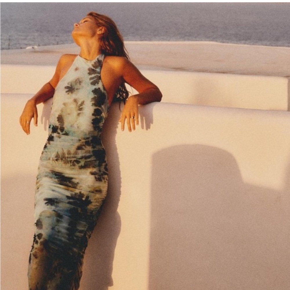 ZARA Sleeveless Tie-Dye Halter Maxi Dress - Blue Green